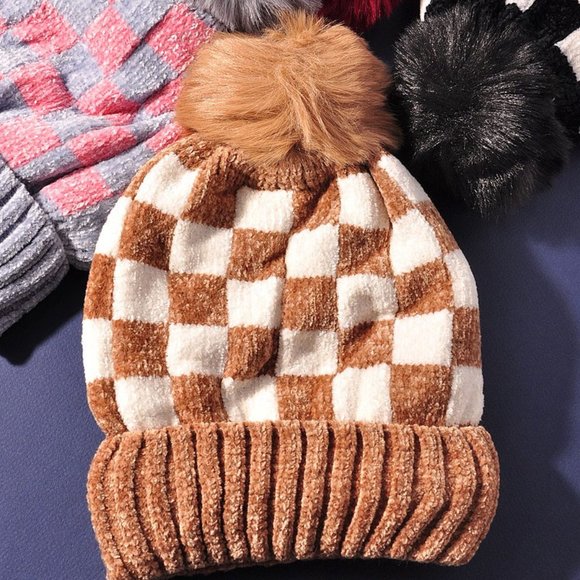 NEW Checkerboard Checked Super Soft Velour Cozy Fleece Lined Pom Pom Beanies Hat - Picture 9 of 11